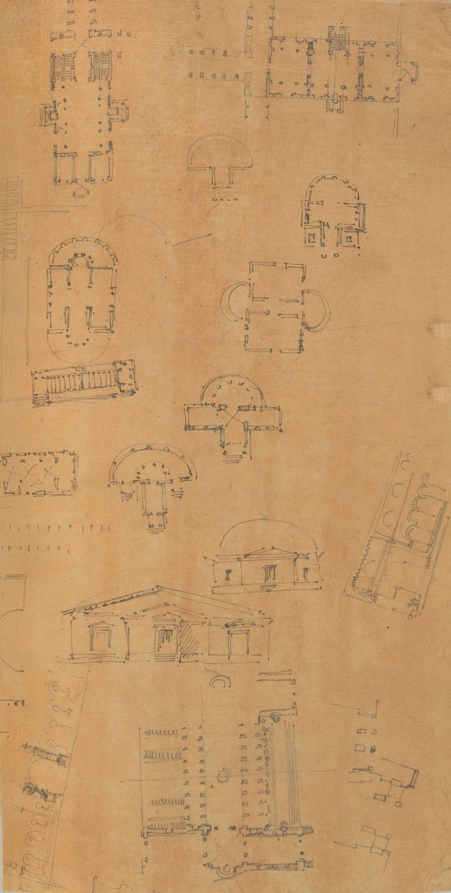 Side fra en utklippsbok som inneholder tegninger og flere utskrifter av arkitektur, Int..., ca. 1800-1850. Skapere: Workshop av Charles Percier, Workshop av Pierre François Léonard Fontaine. av Workshop of Charles Percier, Workshop of Pierre