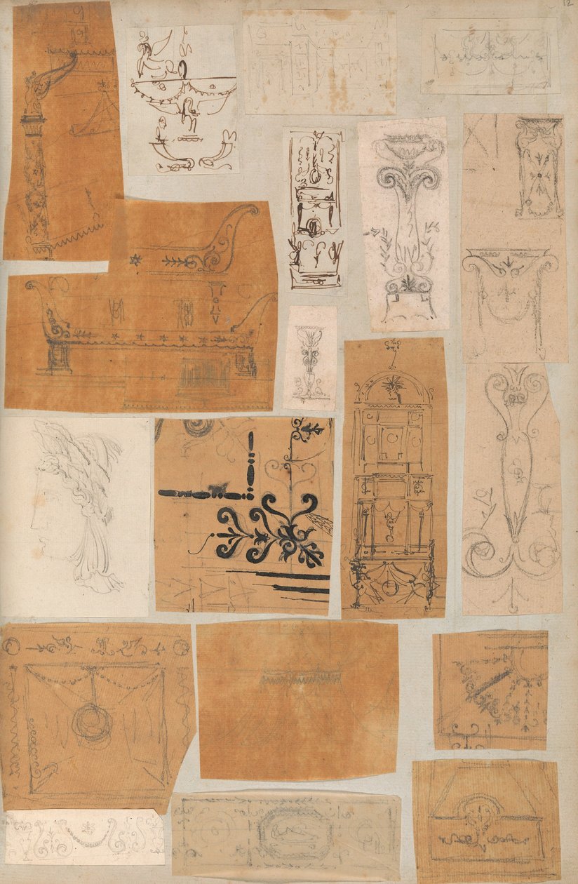 Side fra en utklippsbok som inneholder tegninger og flere utskrifter av arkitektur, Int..., ca. 1800-1850. Skapere: Workshop av Charles Percier, Workshop av Pierre François Léonard Fontaine. av Workshop of Charles Percier, Workshop of Pierre
