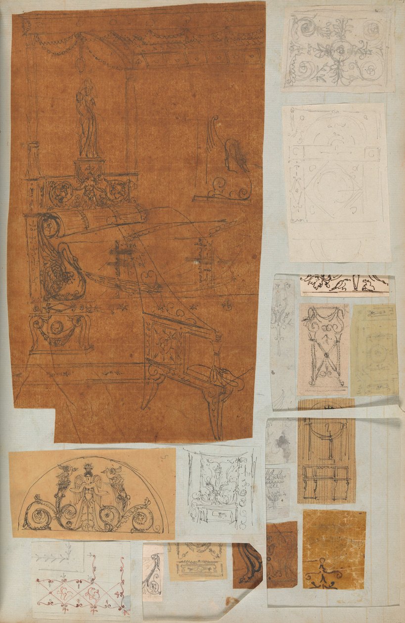 Side fra en utklippsbok som inneholder tegninger og flere utskrifter av arkitektur, Int..., ca. 1800-1850. Skapere: Workshop av Charles Percier, Workshop av Pierre François Léonard Fontaine. av Workshop of Charles Percier, Workshop of Pierre