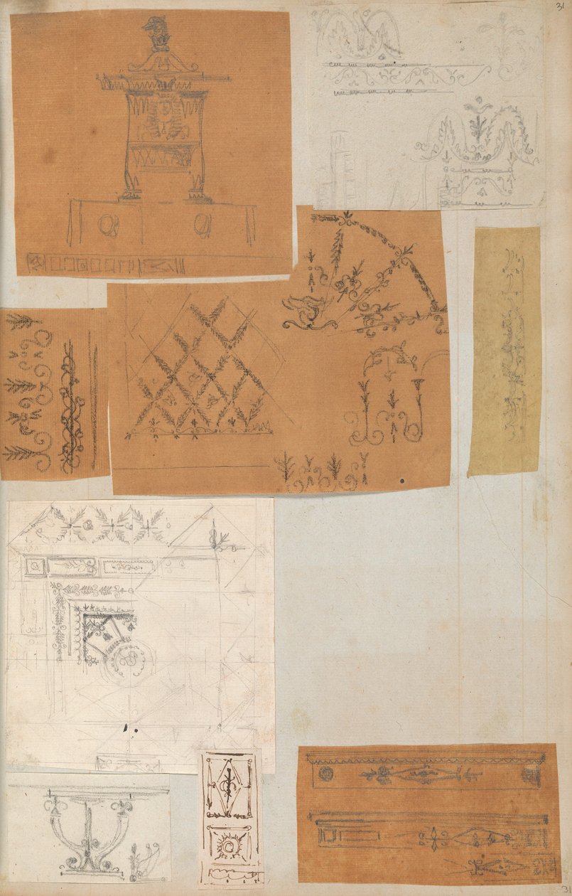 Side fra en utklippsbok som inneholder tegninger og flere utskrifter av arkitektur, Int..., ca. 1800-1850. Skapere: Workshop av Charles Percier, Workshop av Pierre François Léonard Fontaine. av Workshop of Charles Percier, Workshop of Pierre