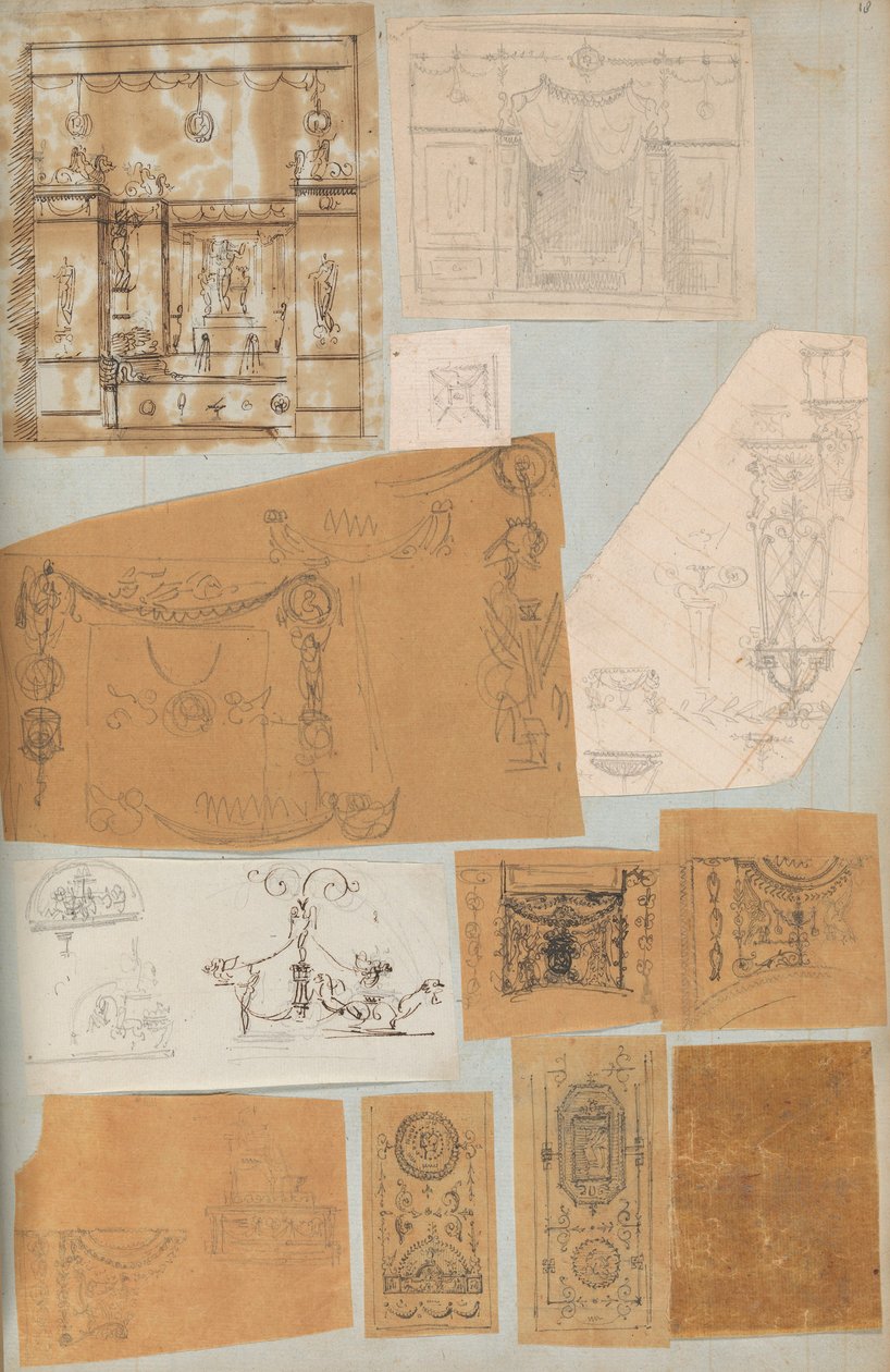 Side fra en utklippsbok som inneholder tegninger og flere utskrifter av arkitektur, Int..., ca. 1800-1850. Skapere: Workshop av Charles Percier, Workshop av Pierre François Léonard Fontaine. av Workshop of Charles Percier, Workshop of Pierre