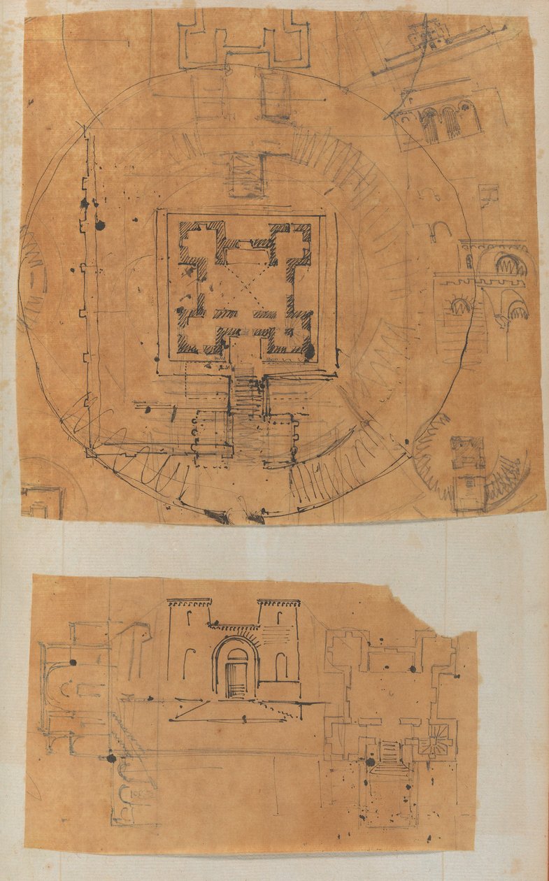 Side fra en utklippsbok som inneholder tegninger og flere utskrifter av arkitektur, Int..., ca. 1800-1850. Skapere: Workshop av Charles Percier, Workshop av Pierre François Léonard Fontaine. av Workshop of Charles Percier, Workshop of Pierre