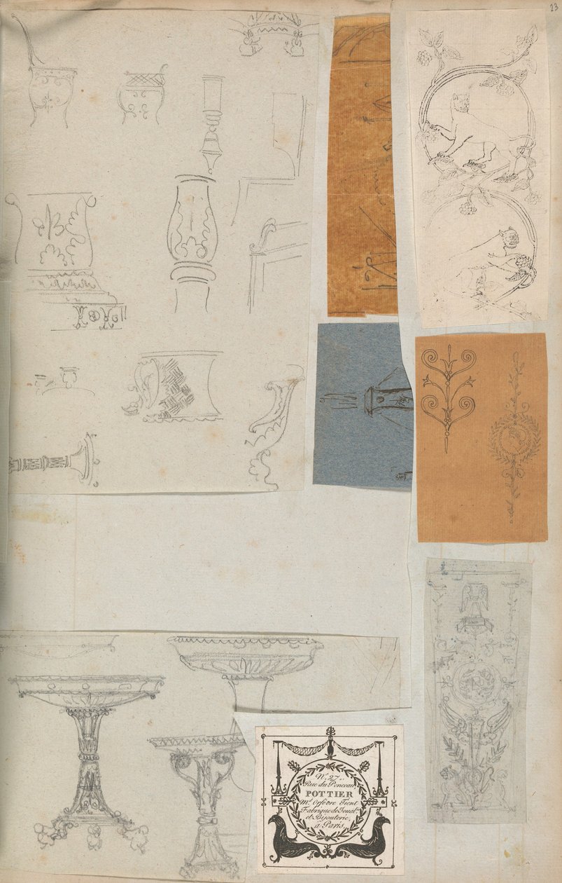 Side fra en utklippsbok som inneholder tegninger og flere utskrifter av arkitektur, Int..., ca. 1800-1850. Skapere: Workshop av Charles Percier, Workshop av Pierre François Léonard Fontaine. av Workshop of Charles Percier, Workshop of Pierre