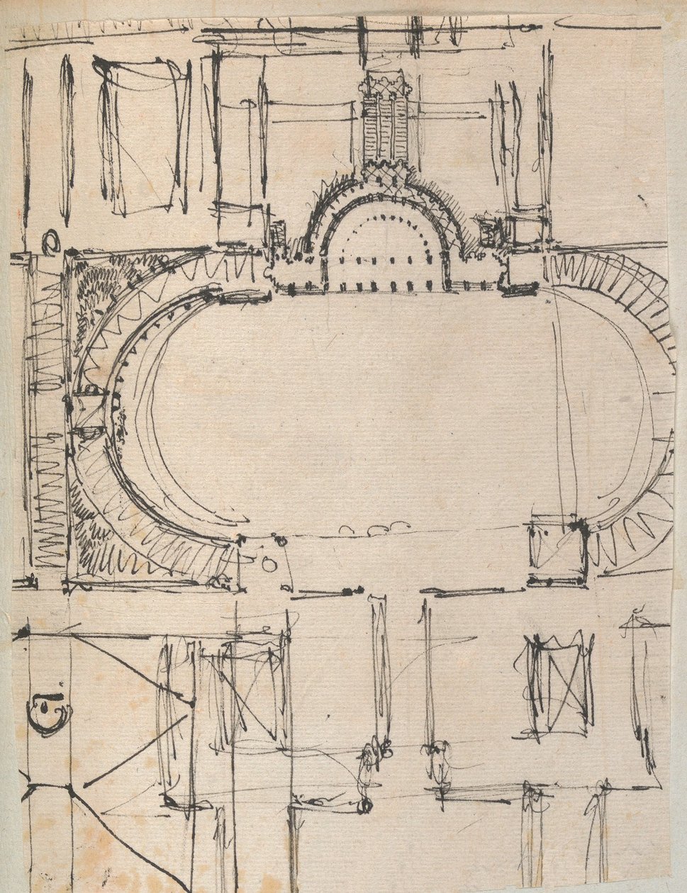 Side fra en utklippsbok som inneholder tegninger og flere utskrifter av arkitektur, Int..., ca. 1800-1850. Skapere: Workshop av Charles Percier, Workshop av Pierre François Léonard Fontaine. av Workshop of Charles Percier, Workshop of Pierre
