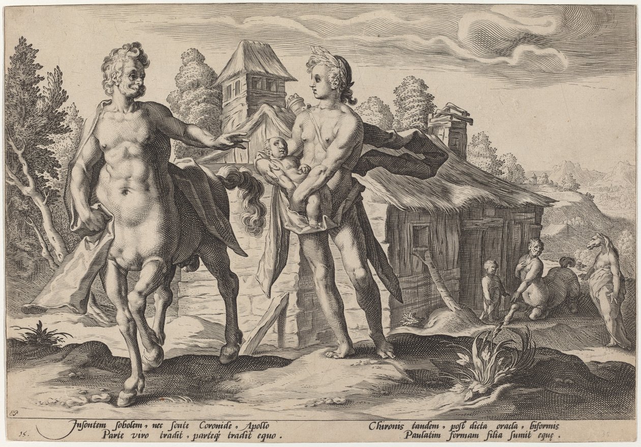 Apollo gir Chiron utdannelsen til Asclepius av Workshop of Hendrick Goltzius, after Hendrick Goltzius