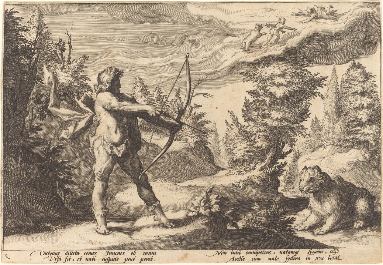 Arcas forbereder seg på å drepe sin mor av Workshop of Hendrick Goltzius, after Hendrick Goltzius