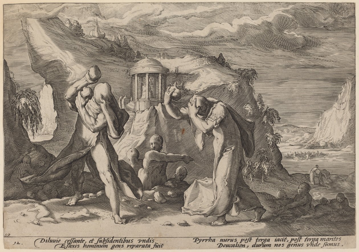 Deucalion og Pyrra gjentar jorden av Workshop of Hendrick Goltzius, after Hendrick Goltzius
