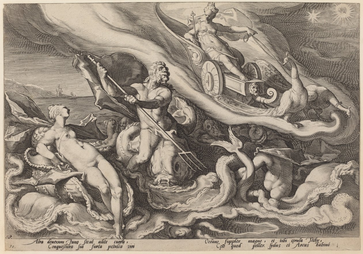 Juno klager til Oceanus og Tethys om Callisto av Workshop of Hendrick Goltzius, after Hendrick Goltzius