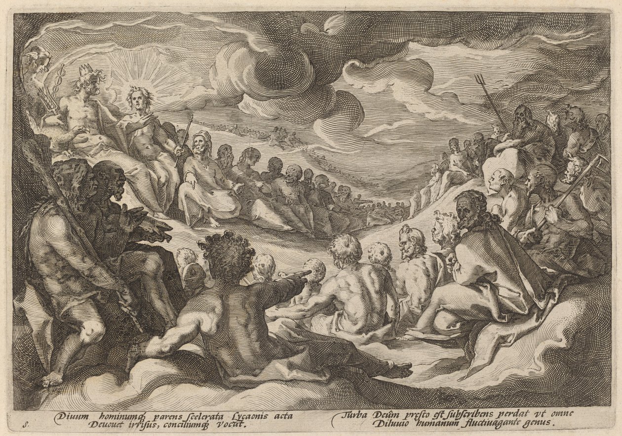 Jupiter tar råd fra gudene om ødeleggelsen av universet av Workshop of Hendrick Goltzius, after Hendrick Goltzius