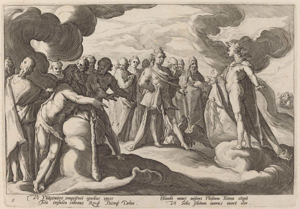 Jupiter og gudene ber Helios om å gjenoppta kontrollen over vognen av Workshop of Hendrick Goltzius, after Hendrick Goltzius