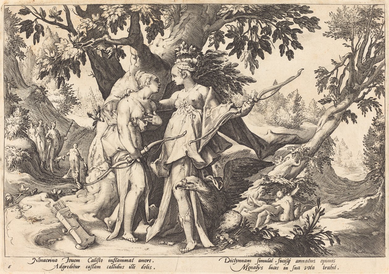 Jupiter i forkledningen til Diana forfører Callisto av Workshop of Hendrick Goltzius, after Hendrick Goltzius