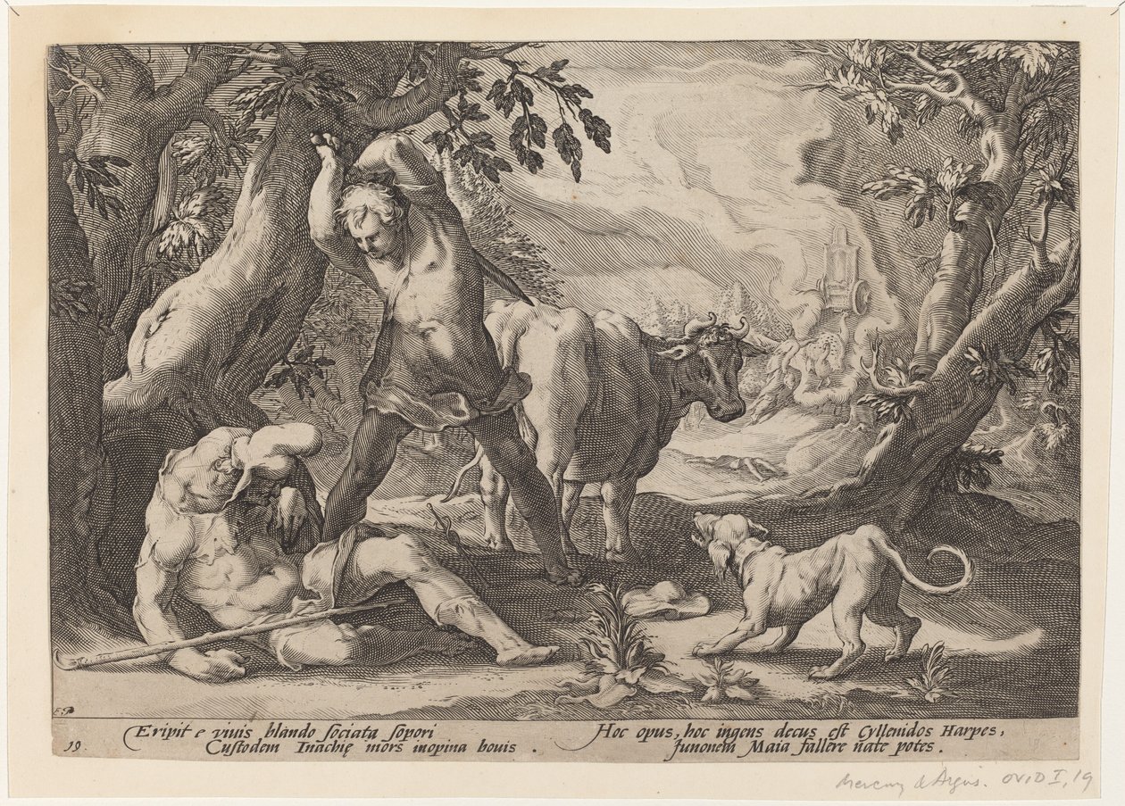 Landskap med Mercury som løfter sverdet for å drepe en sovende argus av Workshop of Hendrick Goltzius, after Hendrick Goltzius