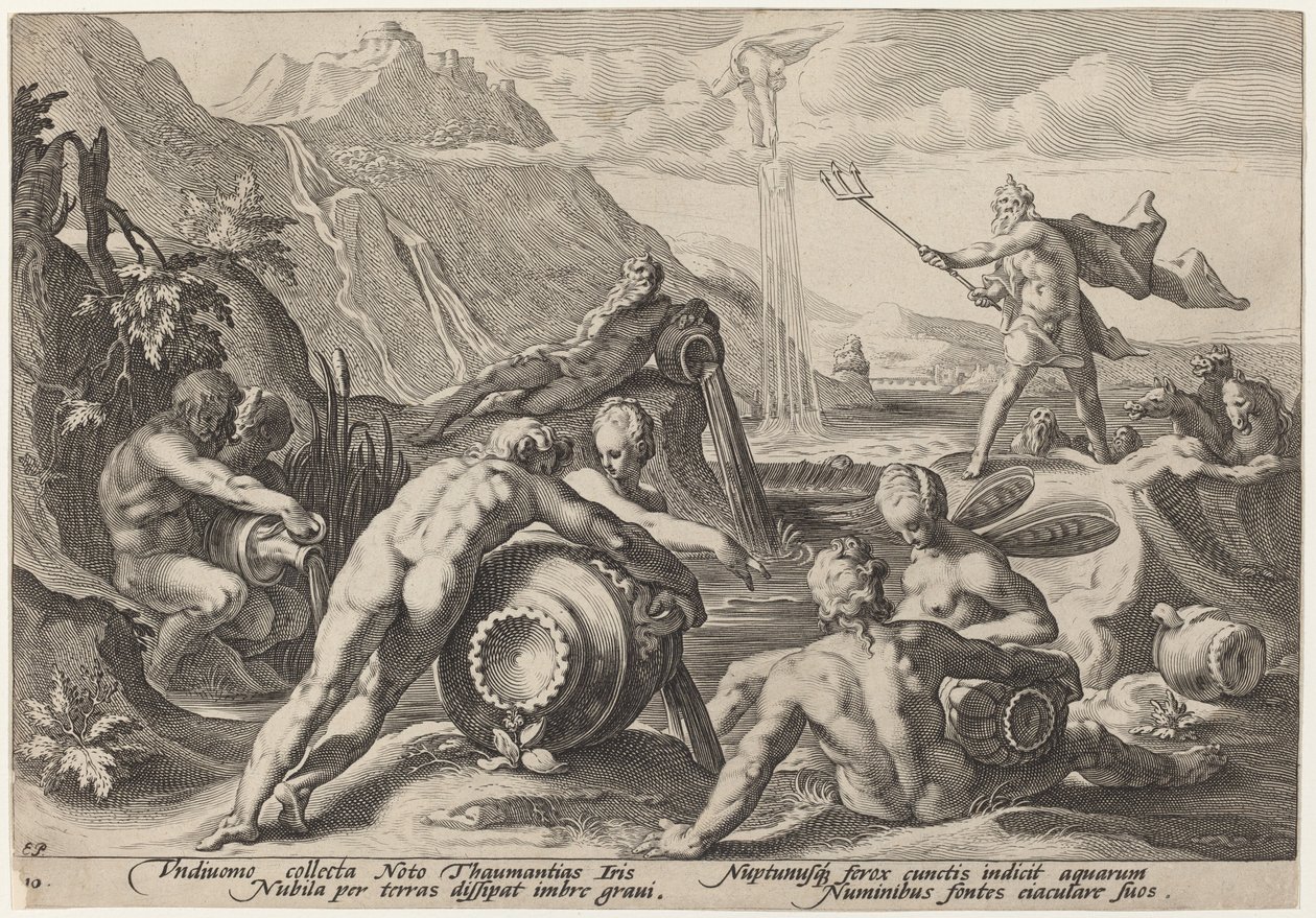 Neptun planlegger menneskets ødeleggelse av Workshop of Hendrick Goltzius, after Hendrick Goltzius