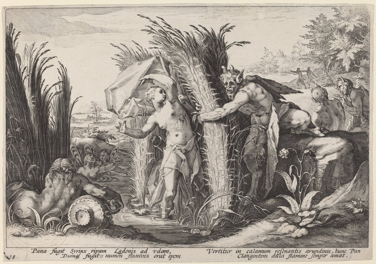 Pan og Syrinx av Workshop of Hendrick Goltzius, after Hendrick Goltzius