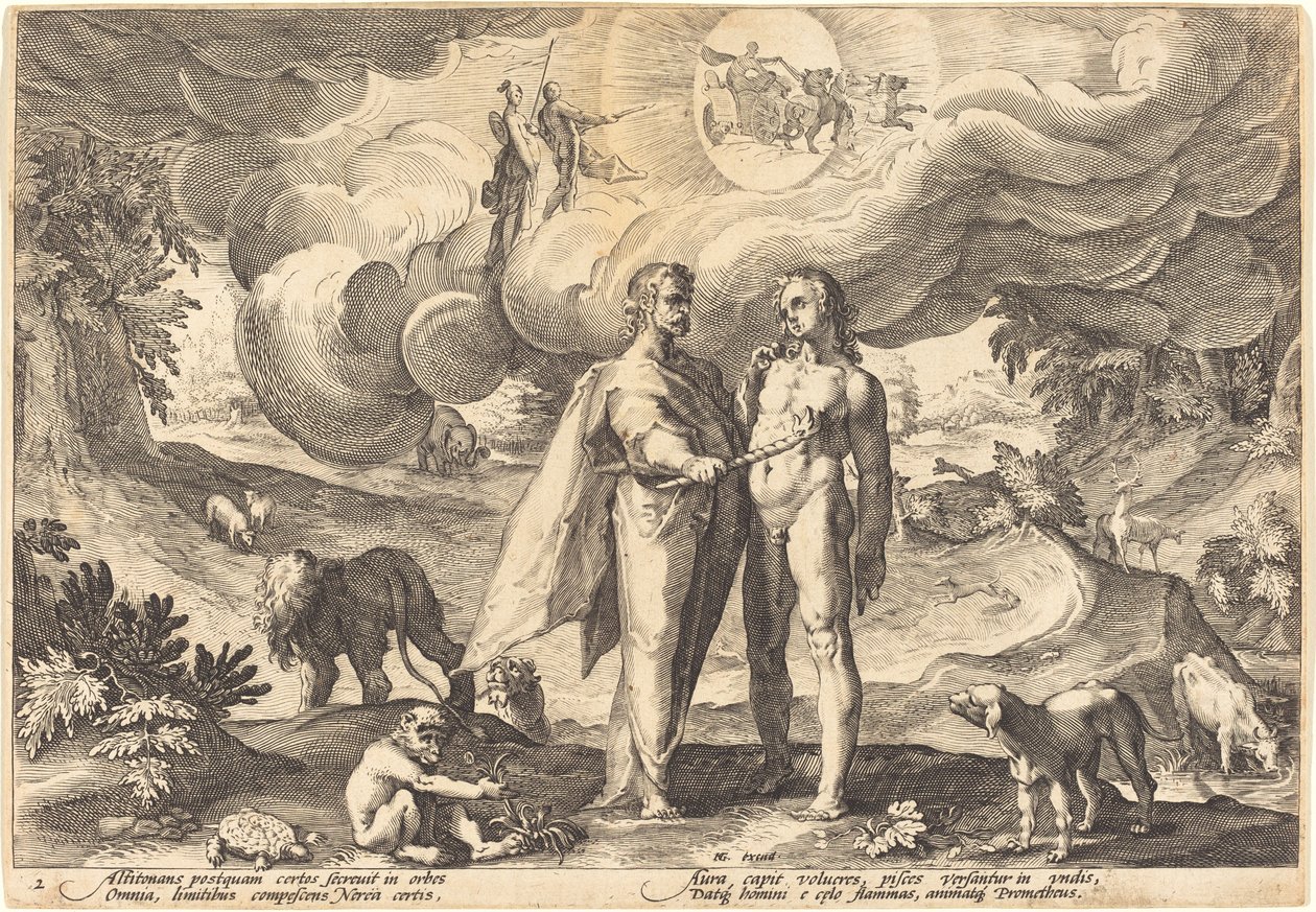 Prometheus skaper mennesket og animerer ham med ild fra himmelen av Workshop of Hendrick Goltzius, after Hendrick Goltzius