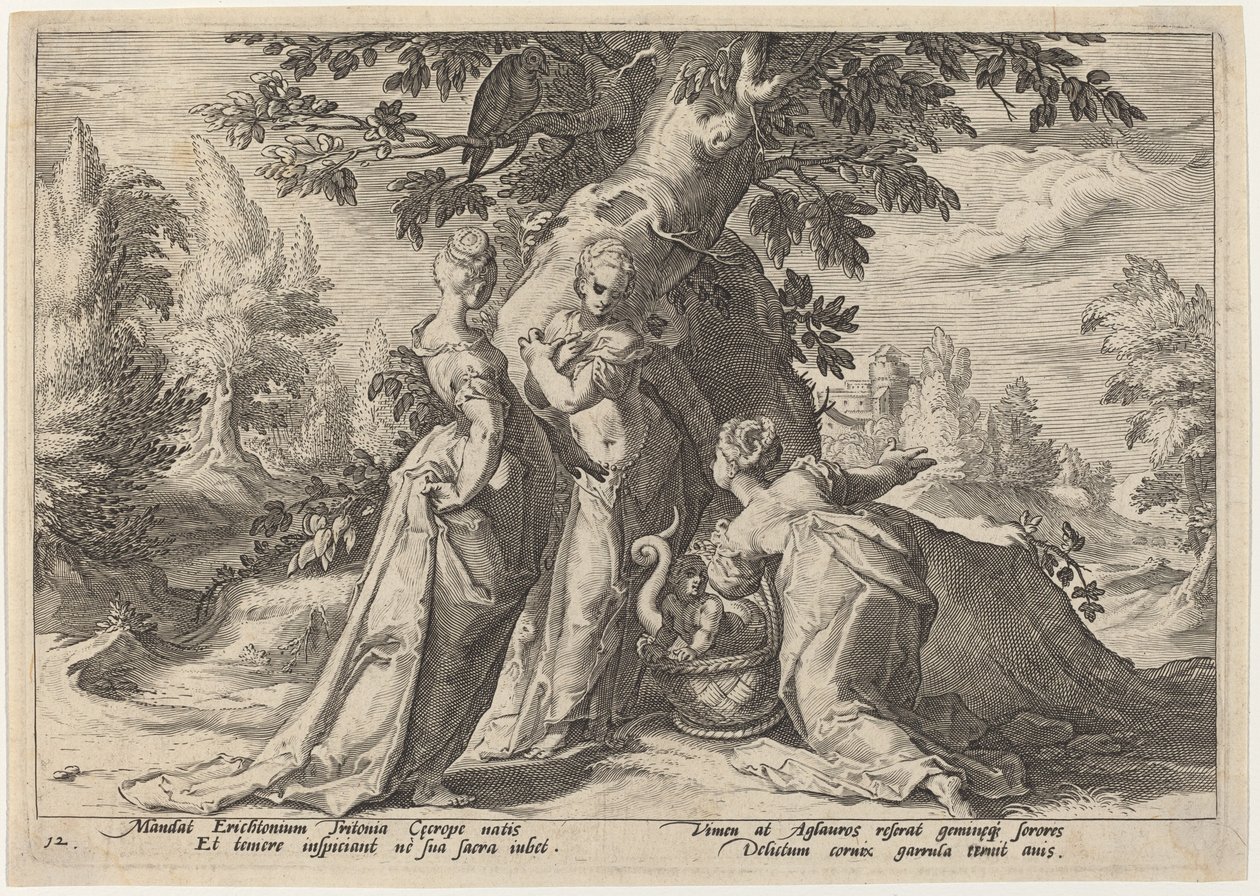 The Daughters of Cecrops åpner kisten som er betrodd dem av Minerva av Workshop of Hendrick Goltzius, after Hendrick Goltzius