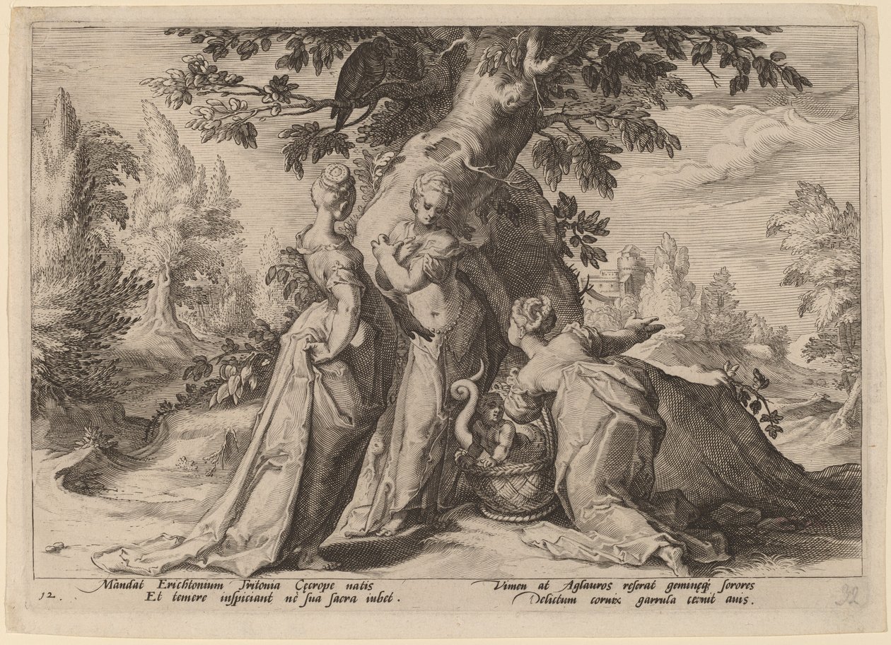 The Daughters of Cecrops åpner kisten som er betrodd dem av Minerva av Workshop of Hendrick Goltzius, after Hendrick Goltzius