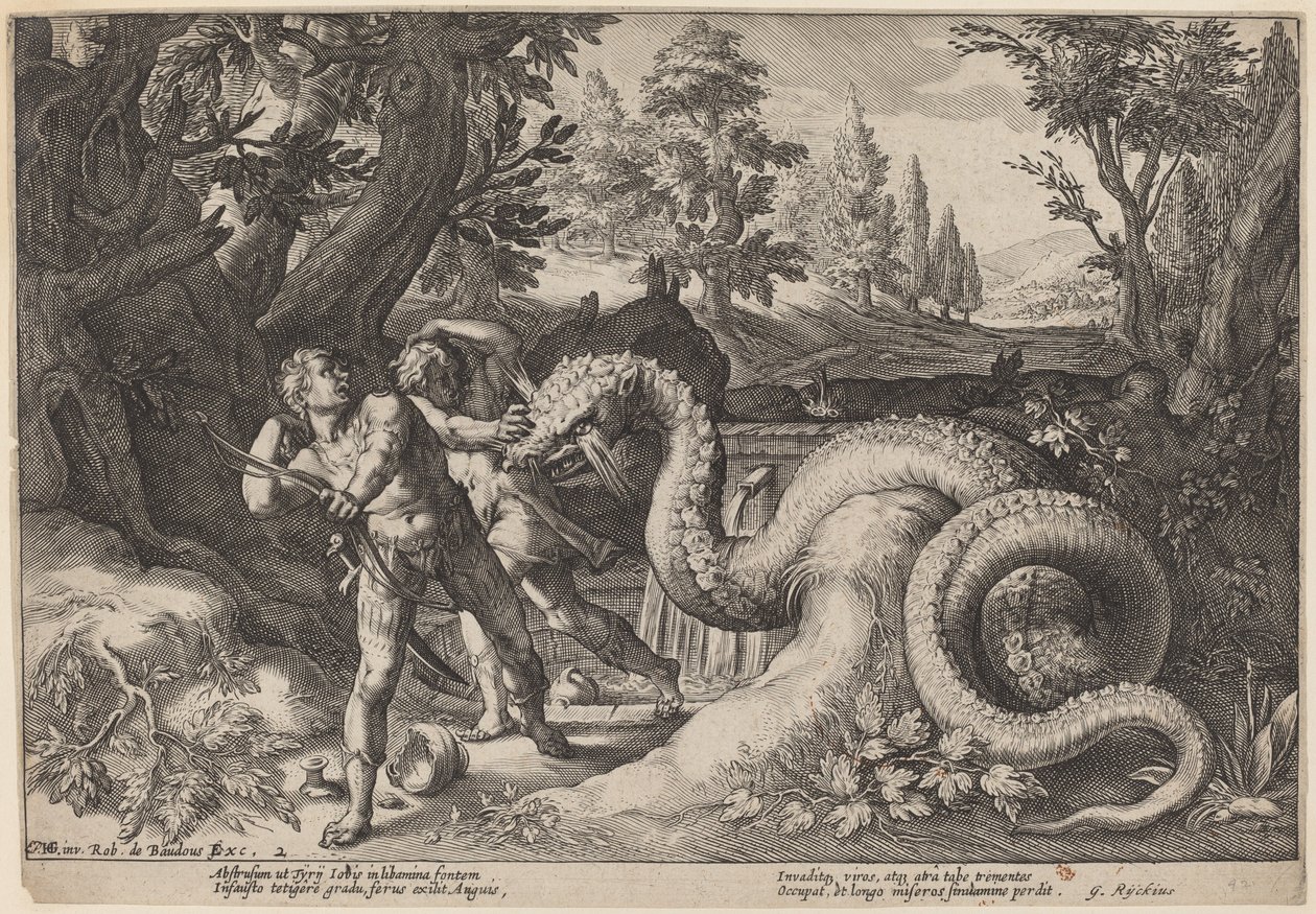 Dragen som sluker følgesvennene til Cadmus av Workshop of Hendrick Goltzius, after Hendrick Goltzius