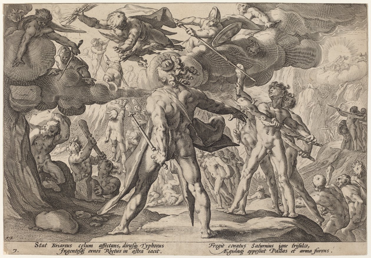 Kjempene som klatrer på himmelen av Workshop of Hendrick Goltzius, after Hendrick Goltzius