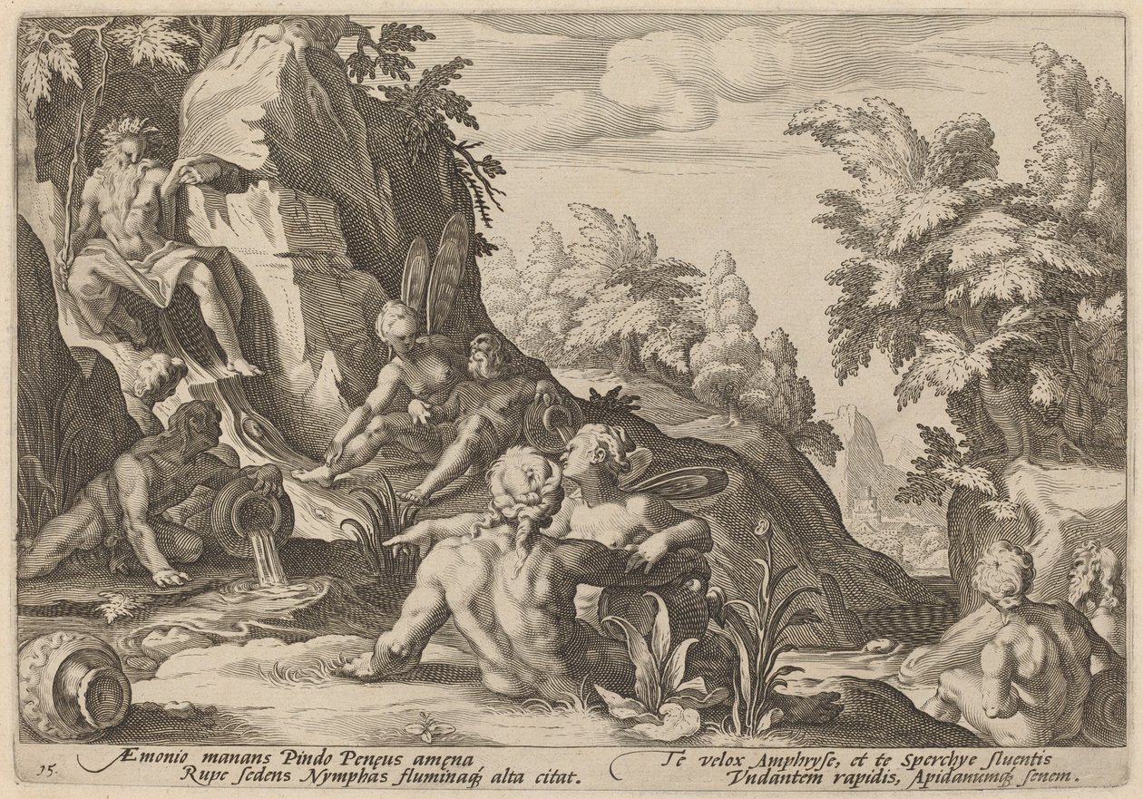 Elveguden Peneus omgitt av andre guddommeligheter av Workshop of Hendrick Goltzius, after Hendrick Goltzius