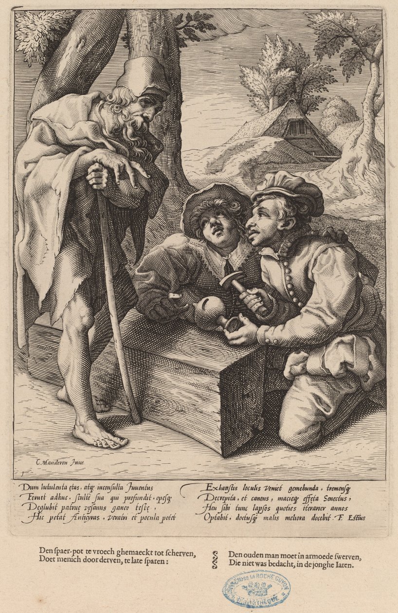 Ikke bruk sparepengene dine for tidlig av Workshop of Hendrick Goltzius, after Karel van Mander I