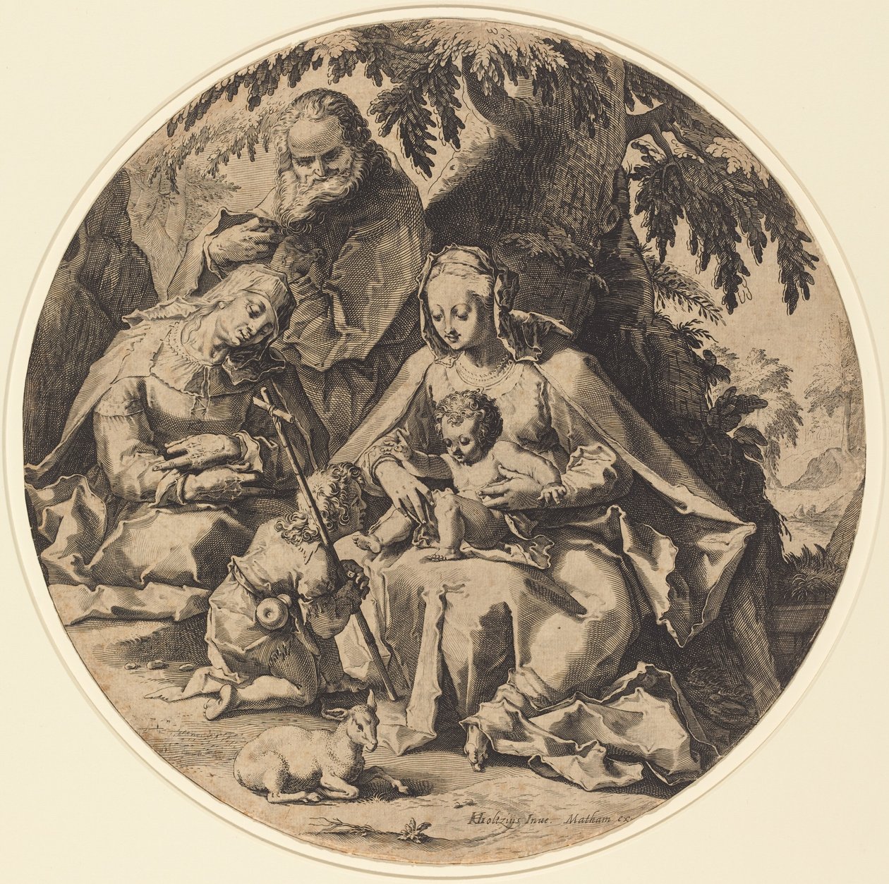 Den hellige familie med Saint Elizabeth og Saint John the Baptist av Workshop of Jacob Matham, after Hendrik Goltzius