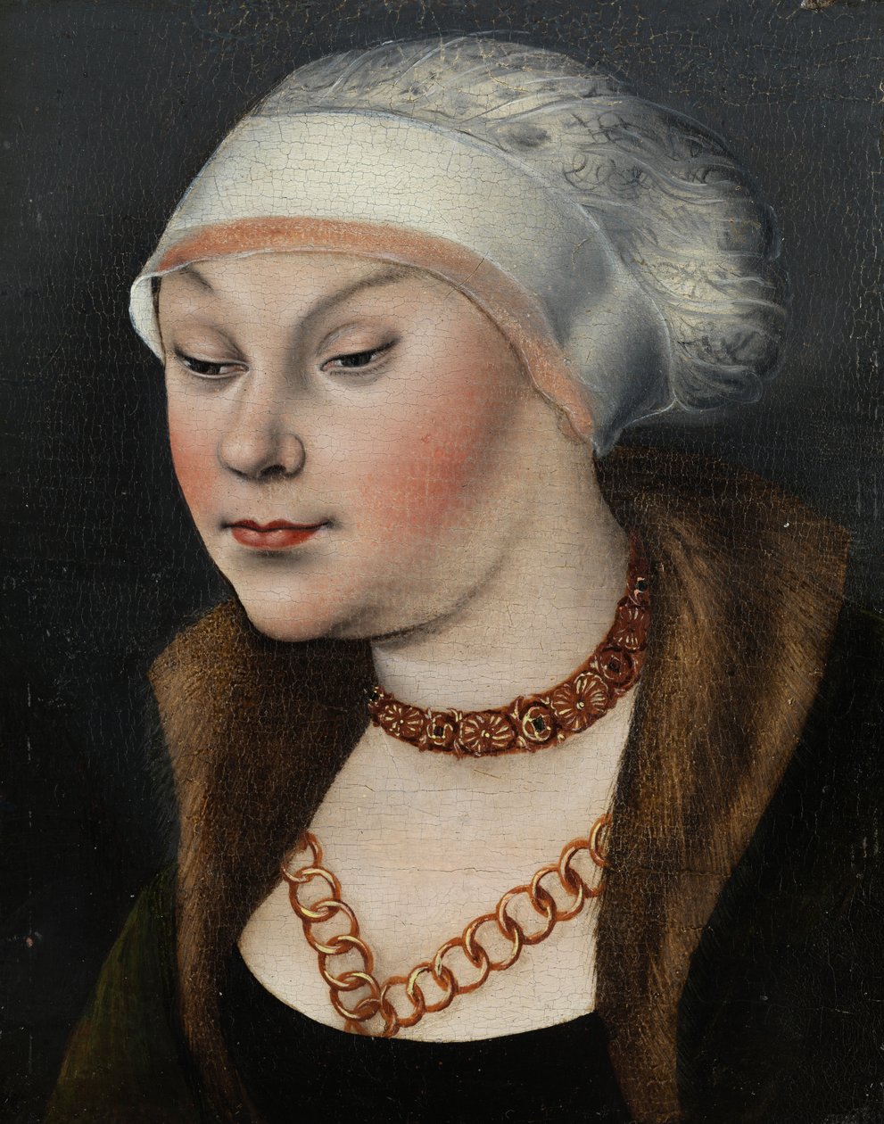 Hode av en kvinne med hvit hatt (Omphale) av workshop of Lucas Cranach the Elder