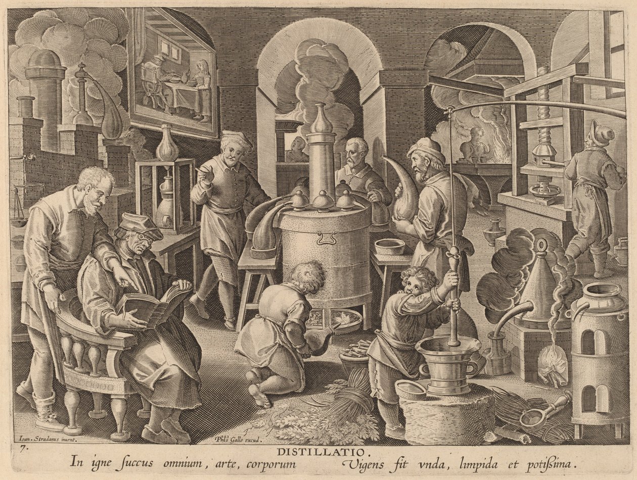 Destillatio (destillasjon) av Workshop of Philip Galle after Jan van der Straet