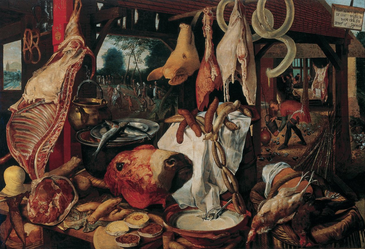 Stilleben med kjøtt og den hellige familie av Workshop of Pieter Aertsen