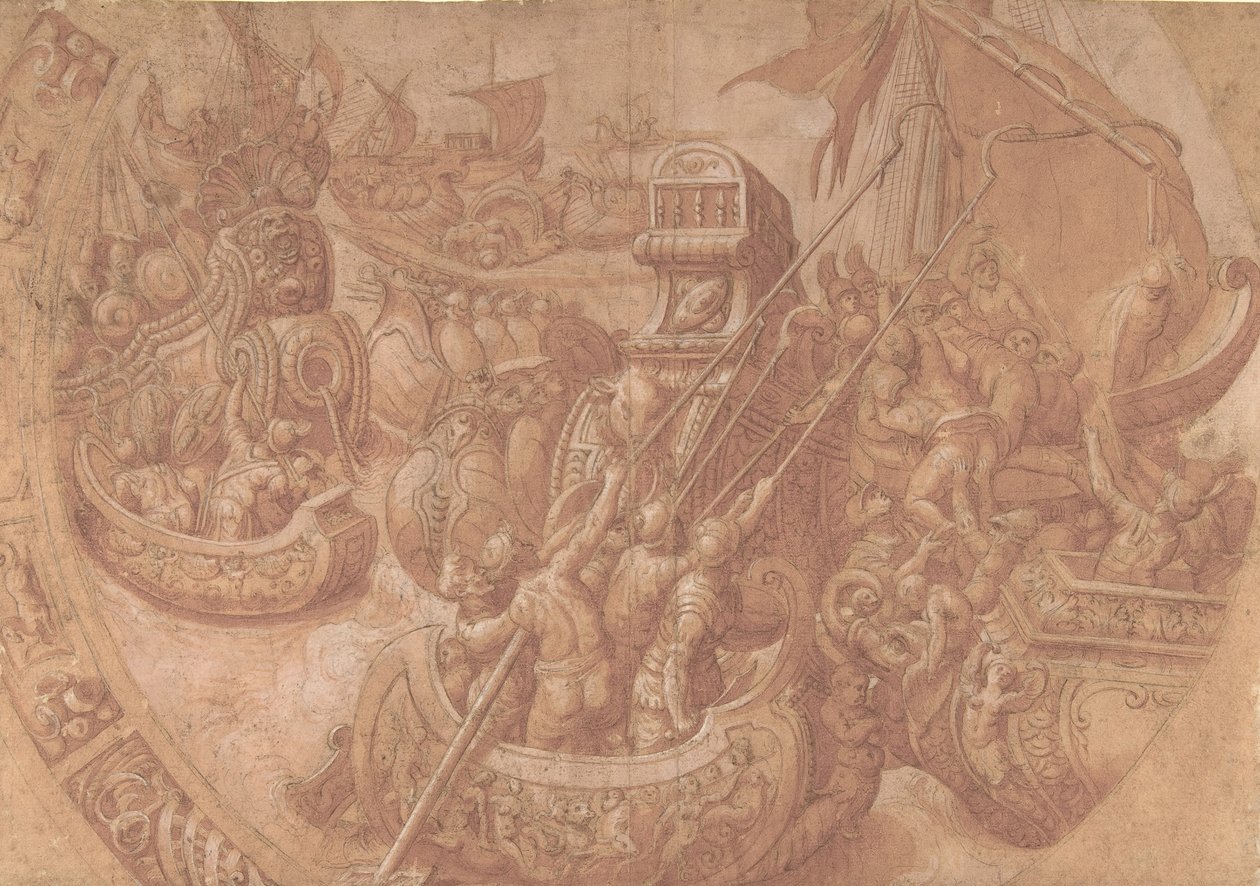 Sjøslaget i Morbihan-bukten, 1500-tallet. av Workshop of Taddeo Zuccaro.