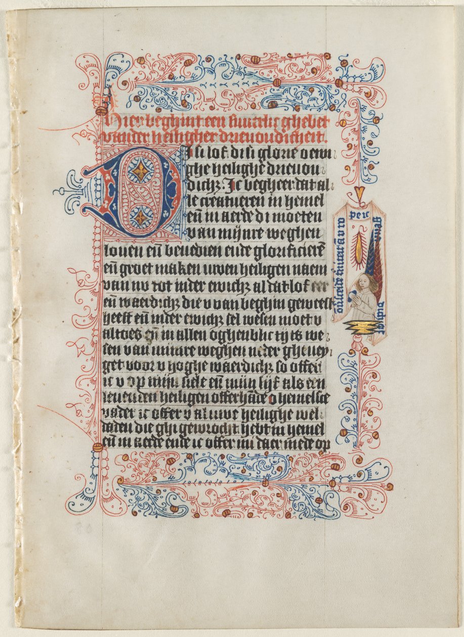 Blad utskåret fra en timebok: engel med en banderole innenfor en blomstrende grense..., ca. 1475. av Workshop of the Convent of St.