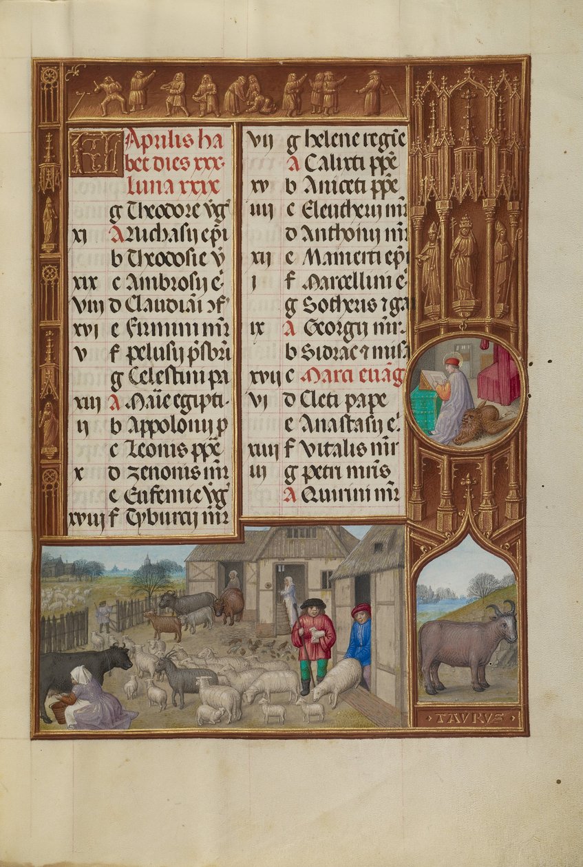 Gårdsdyr, melking og smørproduksjon; Stjernetegn Tyren av Workshop of the Master of James IV of Scotland