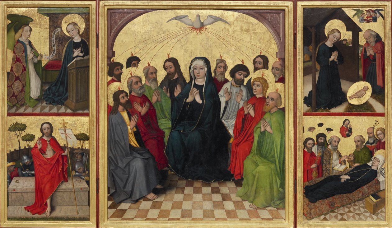 Den Hellige Ånds retabell åpen. Pinse, kunngjøring, fødsel, Kristi oppstandelse og Jomfruens død, ca. 1448 av Workshop of the Wolfgang Retable