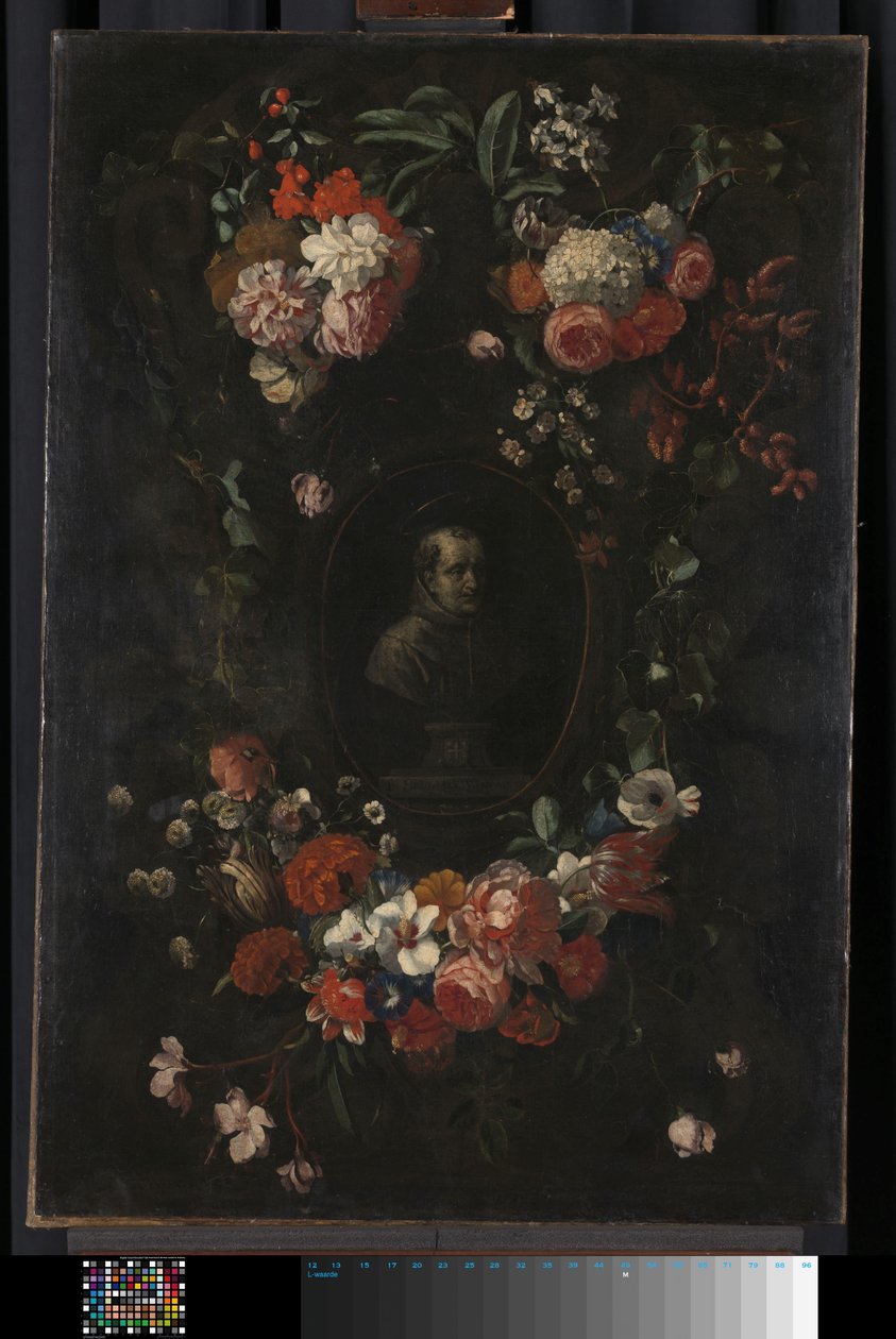 Feigned skulpturert byste av den salige Hieronymus Werdanus satt i en falsk steinkartouche, dekorert med en bylt og to blomsterklatter av Wouter Gysaerts