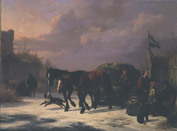 En hestetrukket slede ved stand av Wouterus Verschuur