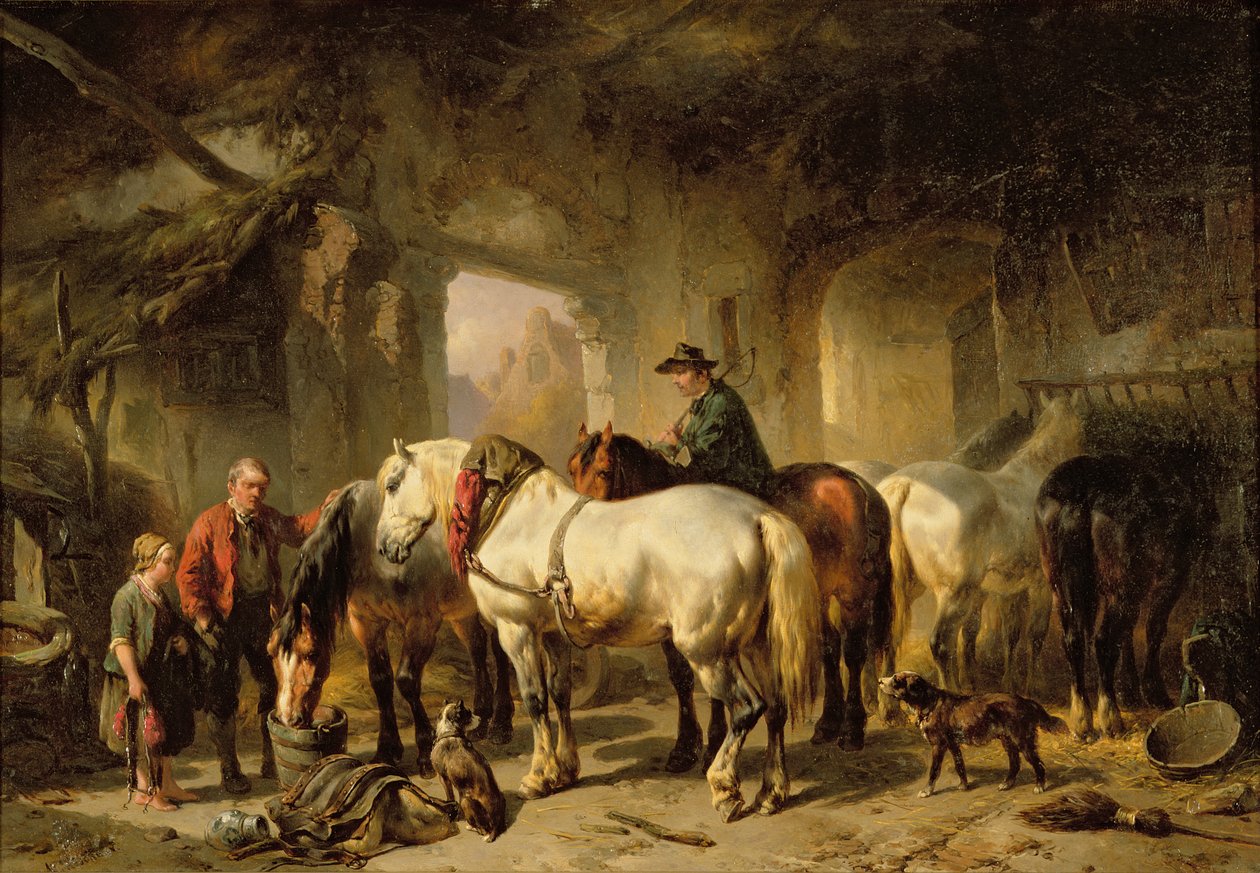 Hester som fôrer i stallen av Wouterus Verschuur