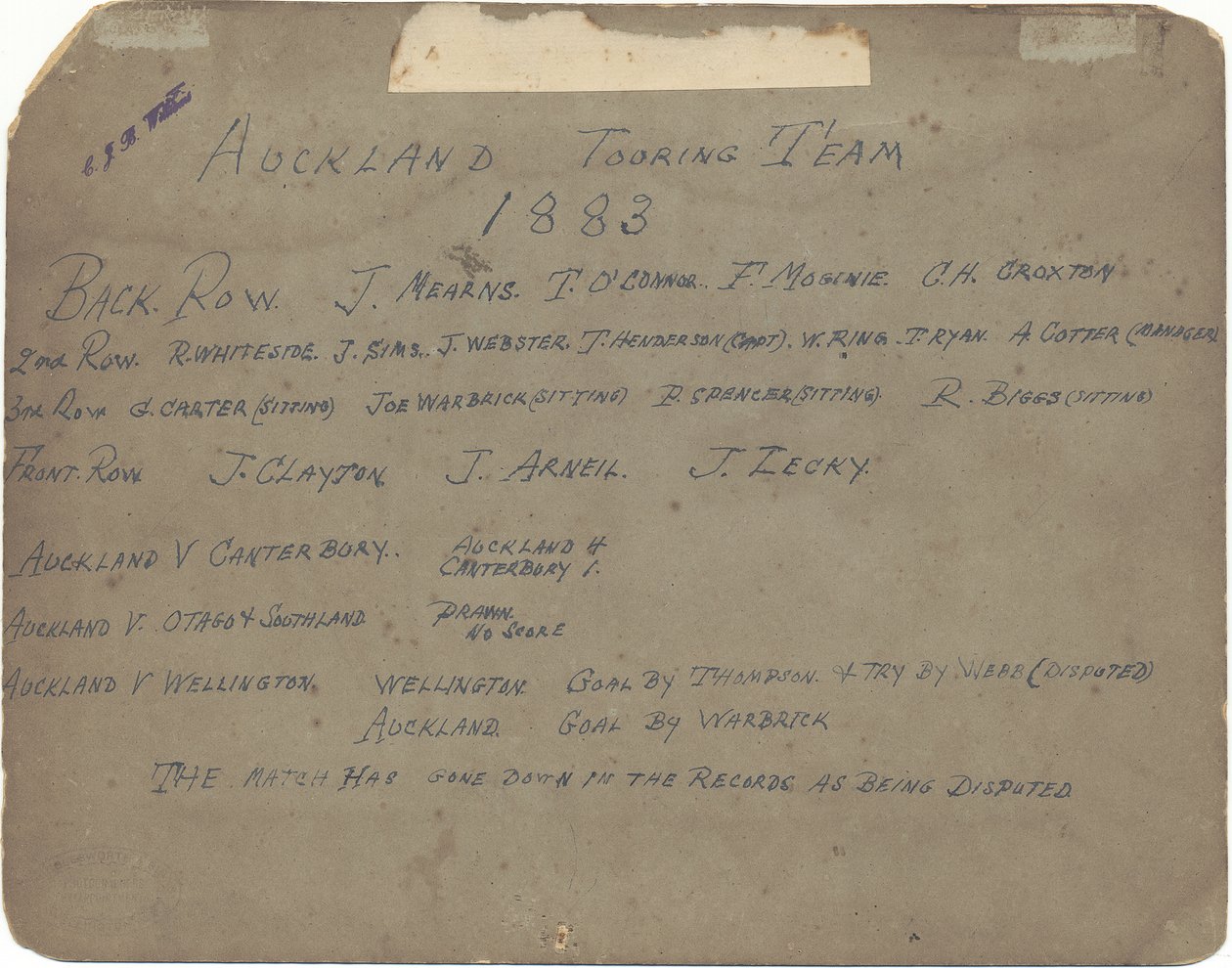 Auckland Touring Team, 1883 (gelatinsølvtrykk) av Wrigglesworth and Binns