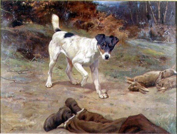 En Jack Russell ved et kaninhull av Wright Barker