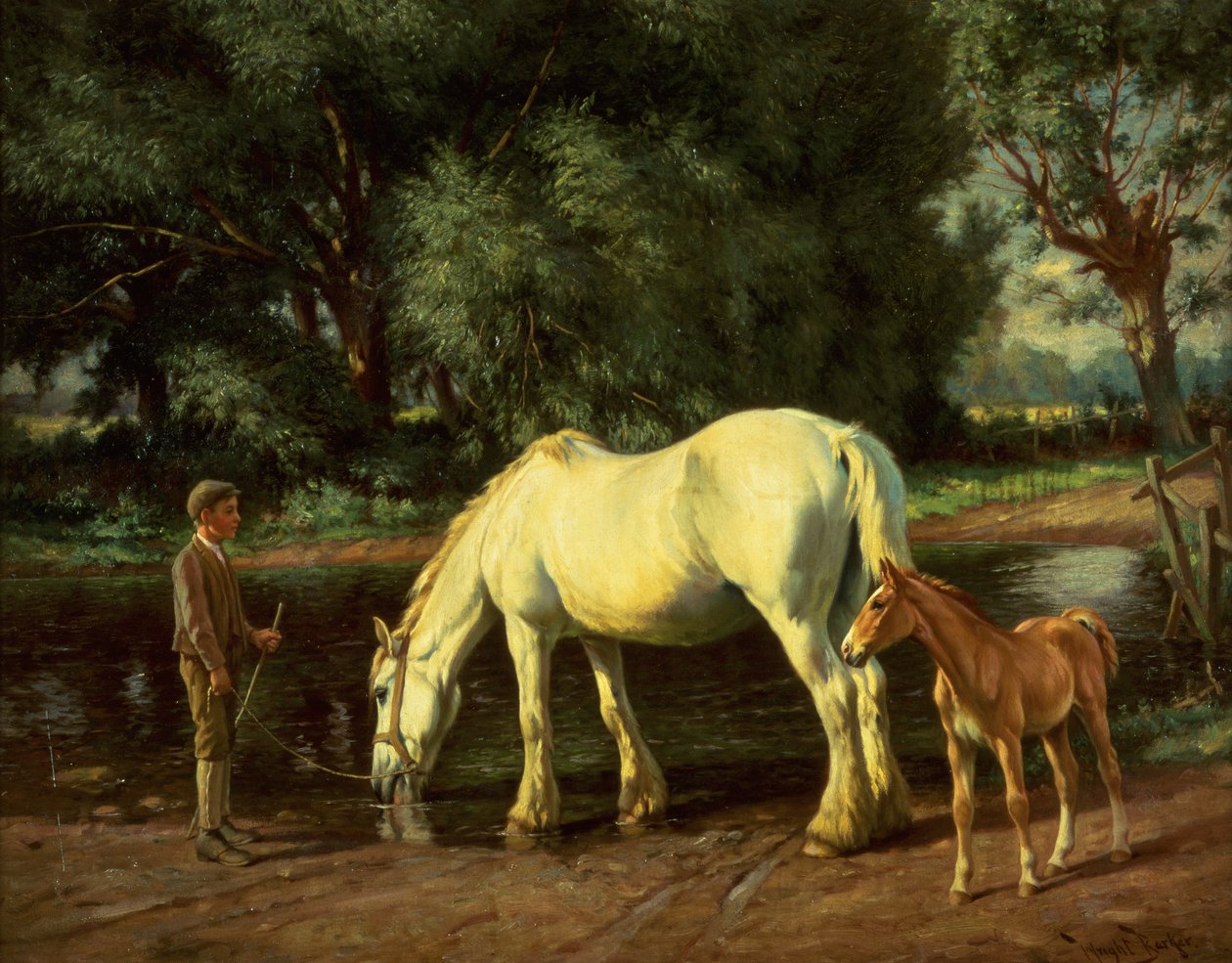 En hoppe og føllet hennes ved en vadested (olje på lerret) av Wright Barker