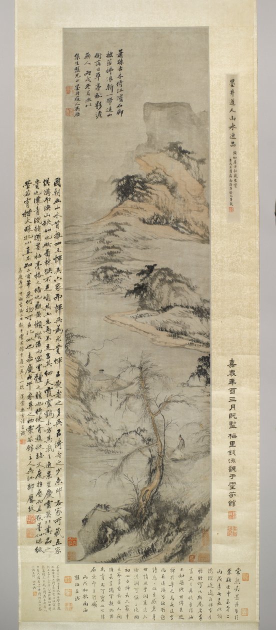 En gammel mann som går ved en bekk, med fjerne fjell, 1706 (blekk og farge på papir) av Wu Li