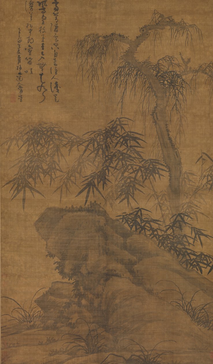 Bambus, gammelt tre og stein, datert 1338. av Wu Zhen