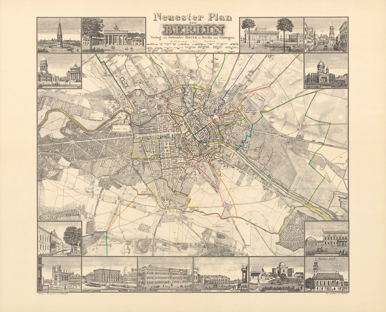 Historisk kart over Berlin, utgitt av Verlag von Gebrueder Rocca, Berlin 1838 av W.v. Moellendorf