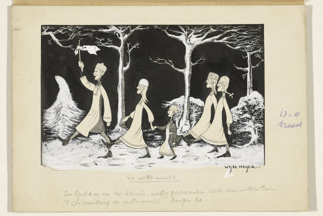 Henk, Anne, Hans, Noor og Elly marsjerer gjennom snøen av Wybo Meijer (signed by artist)