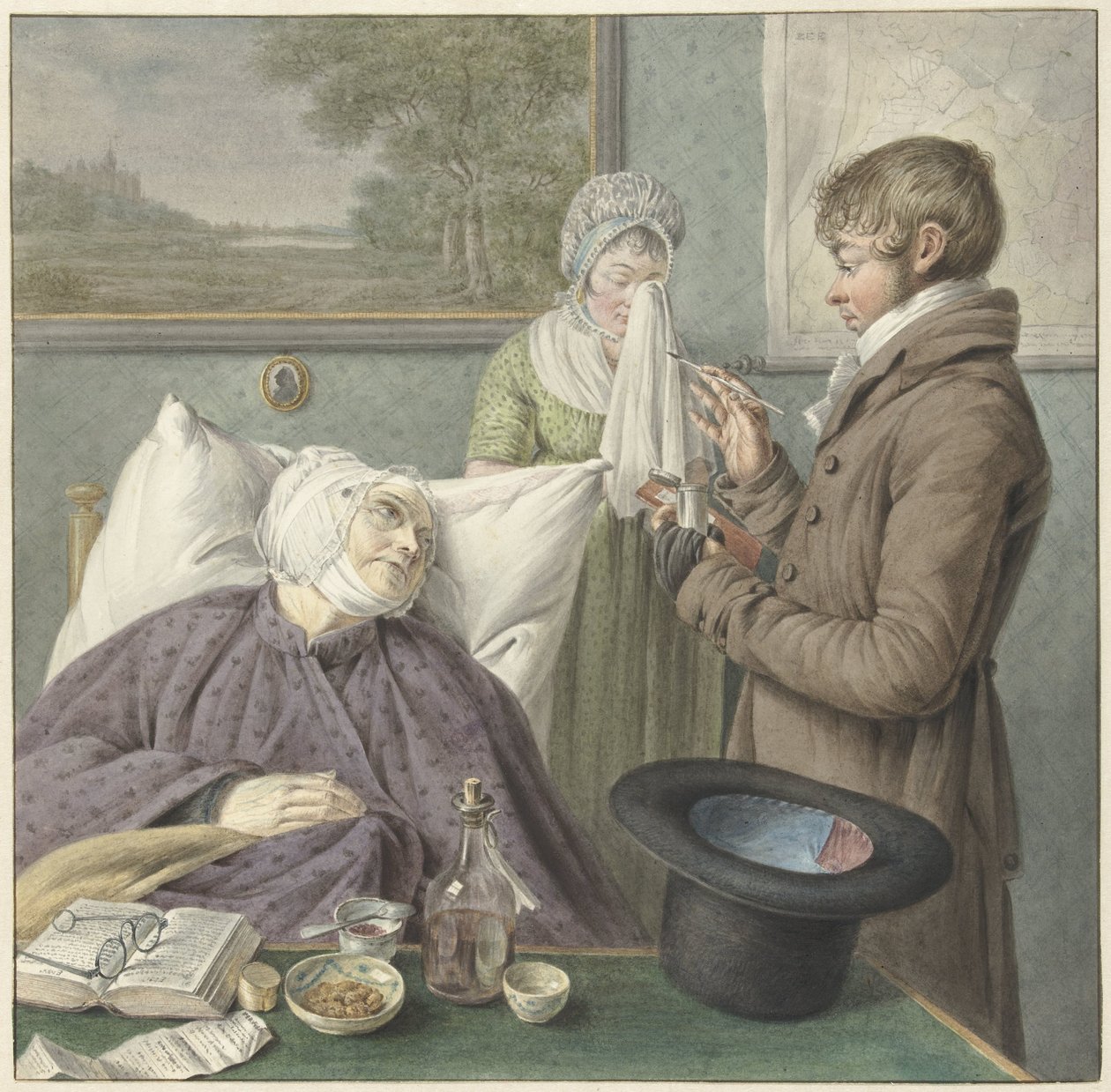 Legen besøker en syk gammel kvinne i sengen av Wybrand Hendriks (attributed to)