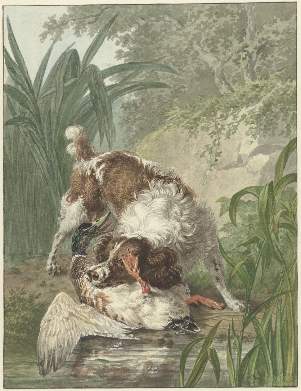 Jakthund fanger en and av Wybrand Hendriks