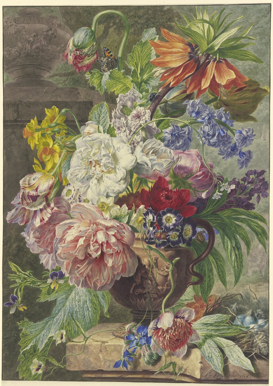 Stilleben med blomsterbukett og fuglerede av Wybrand Hendriks