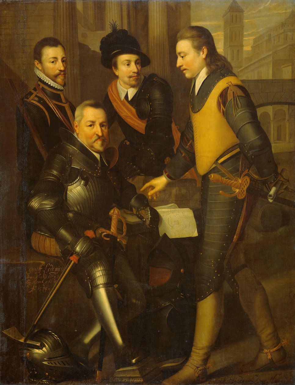 Gruppeportrett av de fire brødrene til William I, Prince of Orange: Jan (1535-1606), Hendrik (1550-74), Adolf (1540-68) og Lodewijk (1538-74), grevene av Nassau av Wybrand de Geest (I) (workshop of)