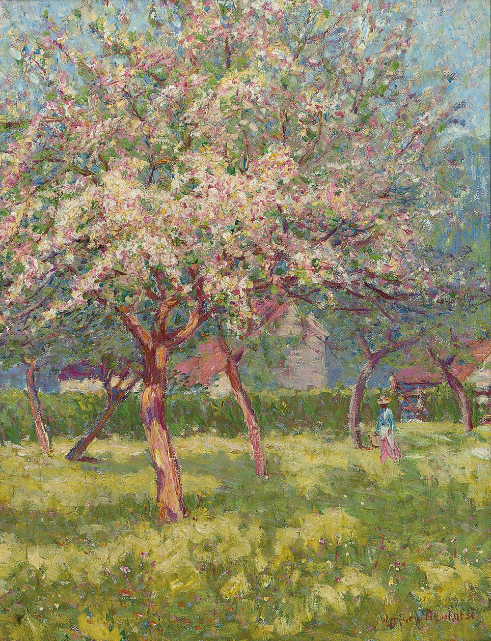 En frukthage i blomst (olje på lerret) av Wynford Dewhurst