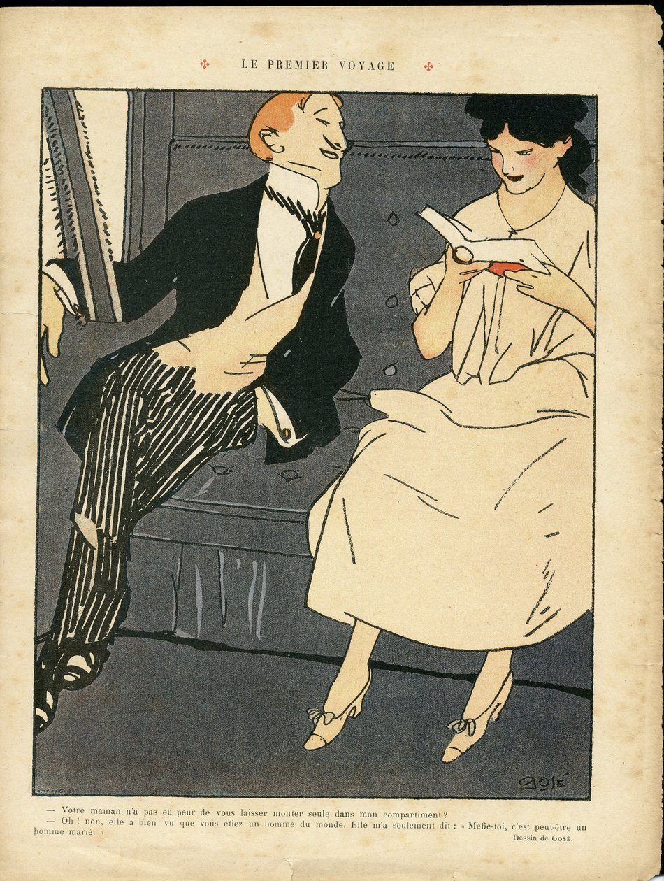 Illustrasjon av Xavier Gose (1876-1915) i Le Lire, 27.08.10 - The First Journey - Jernbanetog, Herremote, Adultere av Xavier Gose