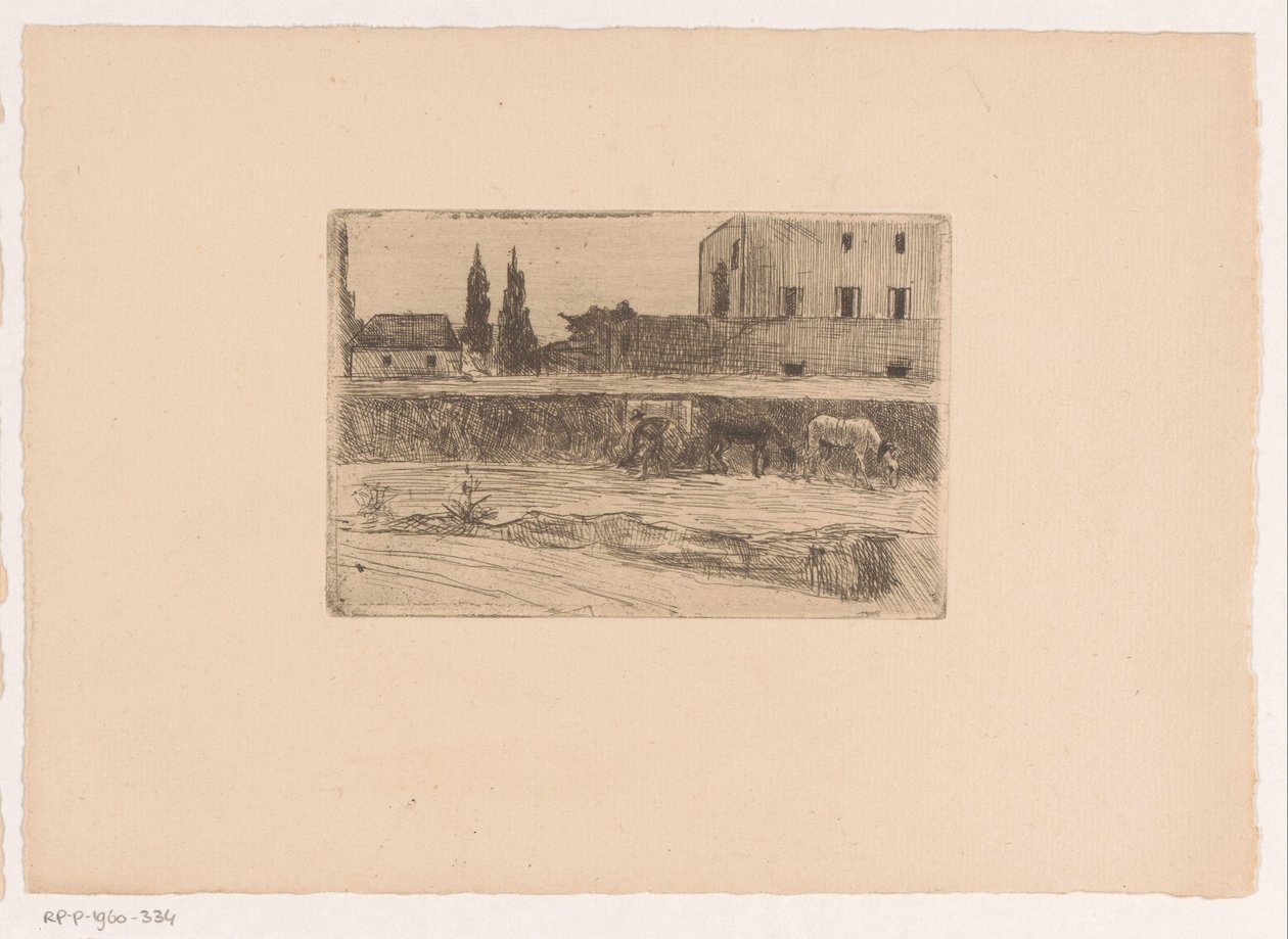 Landskap med bygninger og en figur i arbeid av Xavier Mellery (attributed to)